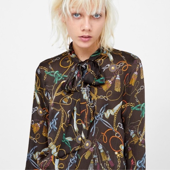 ZARA Chain Detail Button Blouse with Tie Neck Sz M - Picture 5 of 10